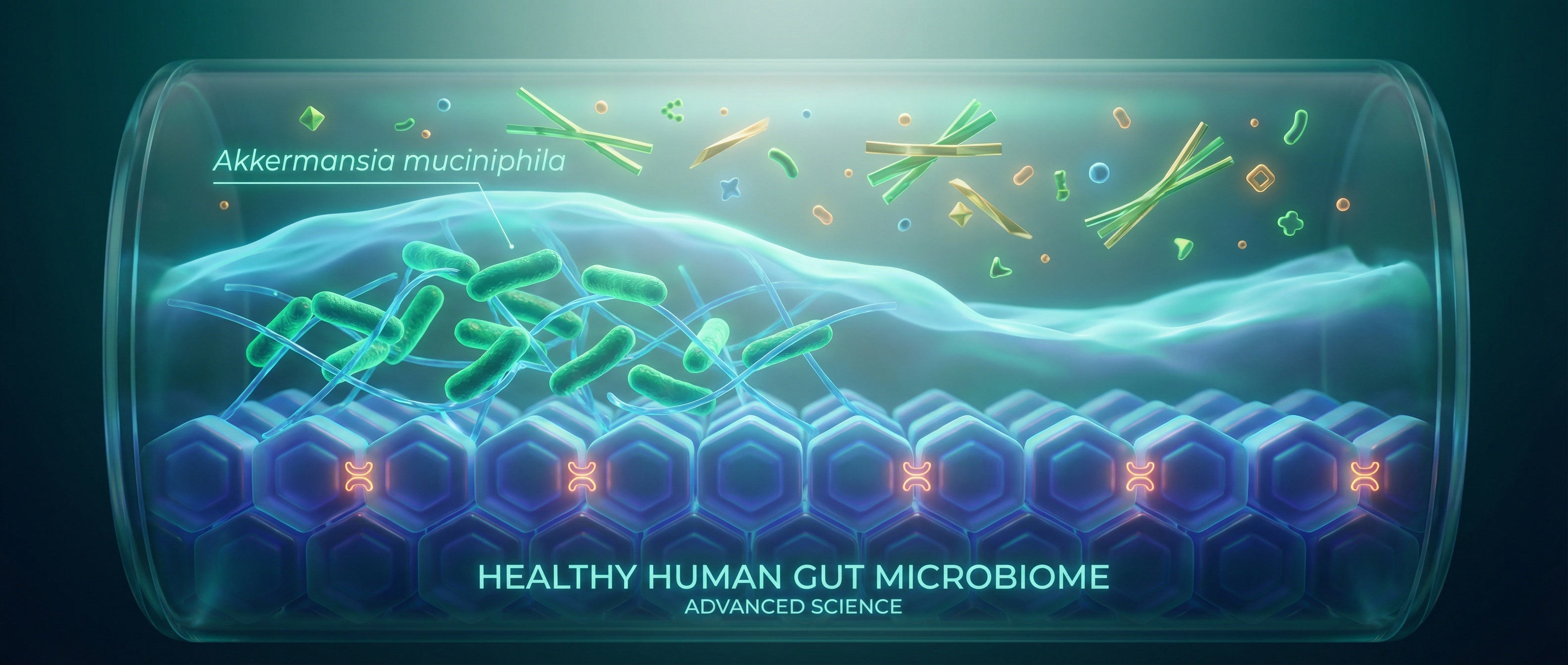 3D visualization of Akkermansia muciniphila bacteria repairing and strengthening the human gut lining.