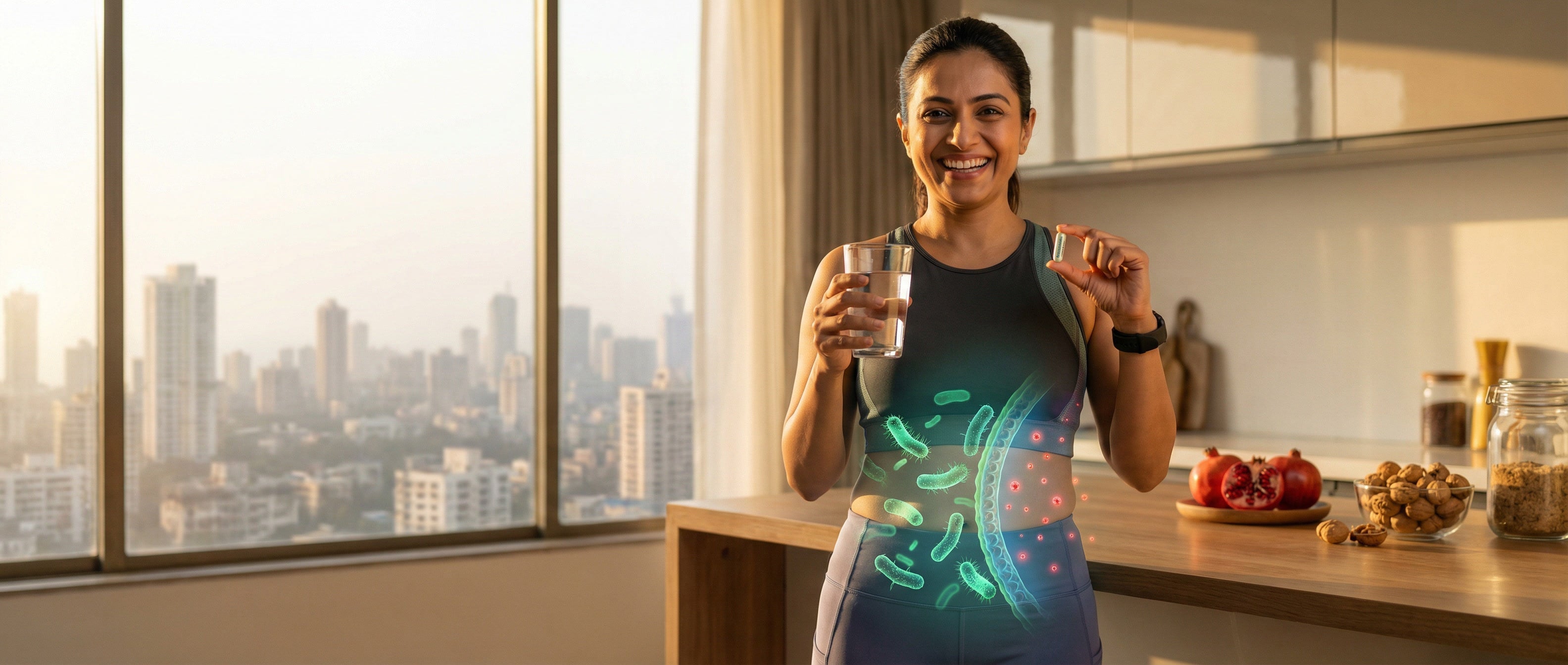 A fit Indian woman holding a Deage Akkermansia supplement capsule in a modern kitchen, with a graphic overlay showing the bacteria strengthening her gut lining for better metabolism.