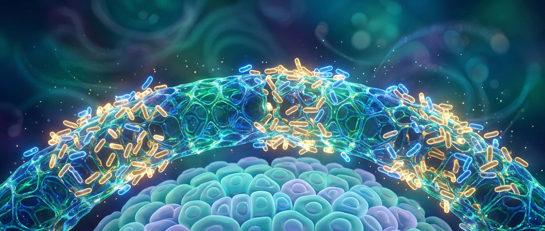 Abstract 3D scientific illustration of Akkermansia muciniphila bacteria strengthening the protective mucus layer of the human gut lining.