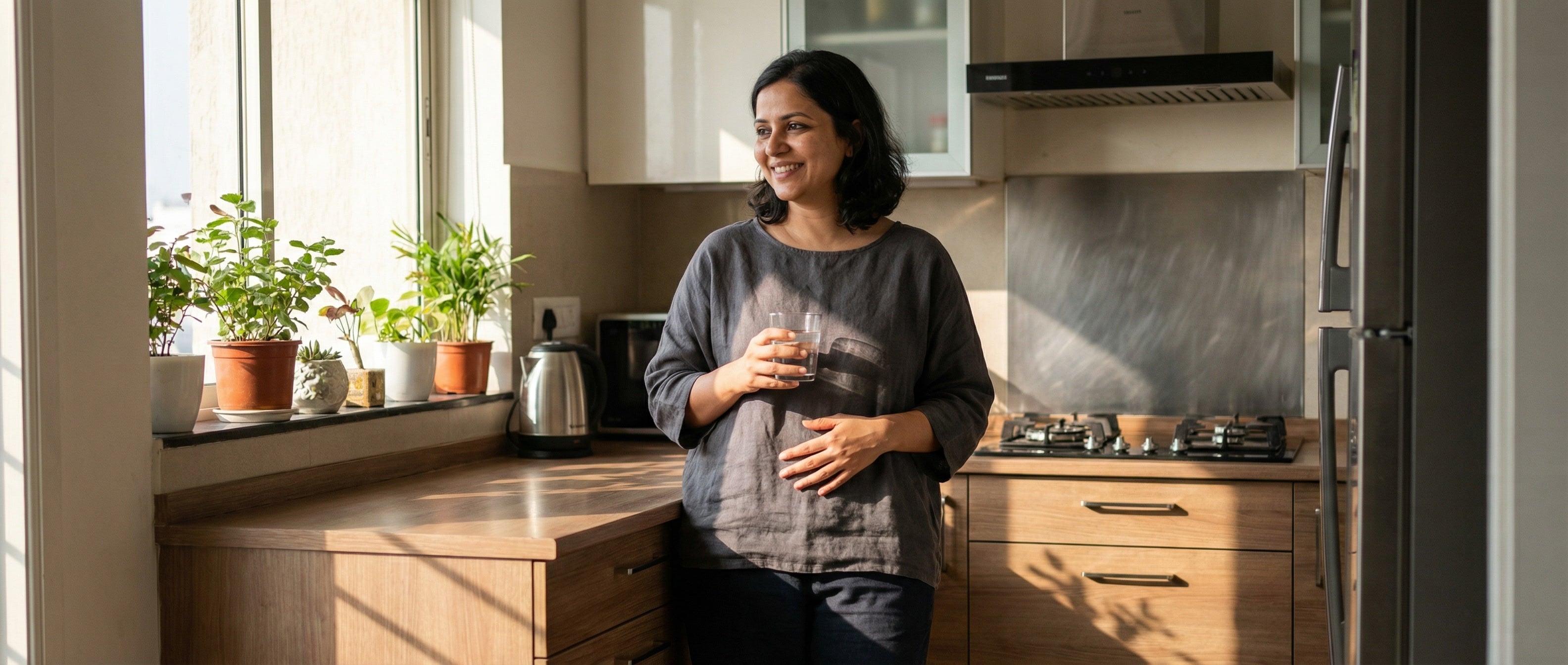 Urban Indian woman experiencing reduced bloating and digestive comfort after 30 days of Akkermansia.