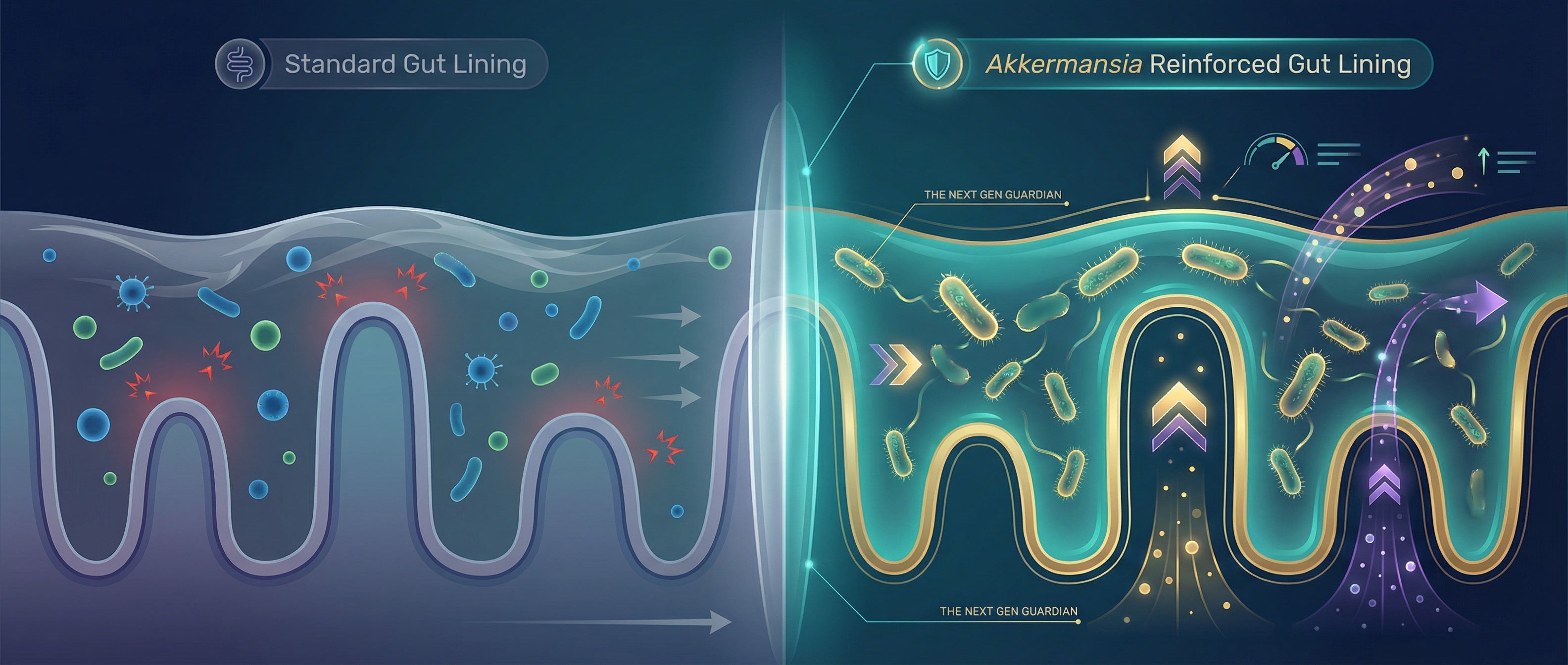A side-by-side comparison showing a weak gut lining versus a strong, healthy gut barrier reinforced by Akkermansia muciniphila bacteria.