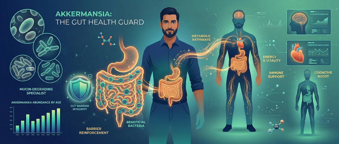 A digital illustration of a healthy Indian adult showing glowing Akkermansia bacteria in the digestive tract, representing the supplement's benefits for metabolism and gut health.
