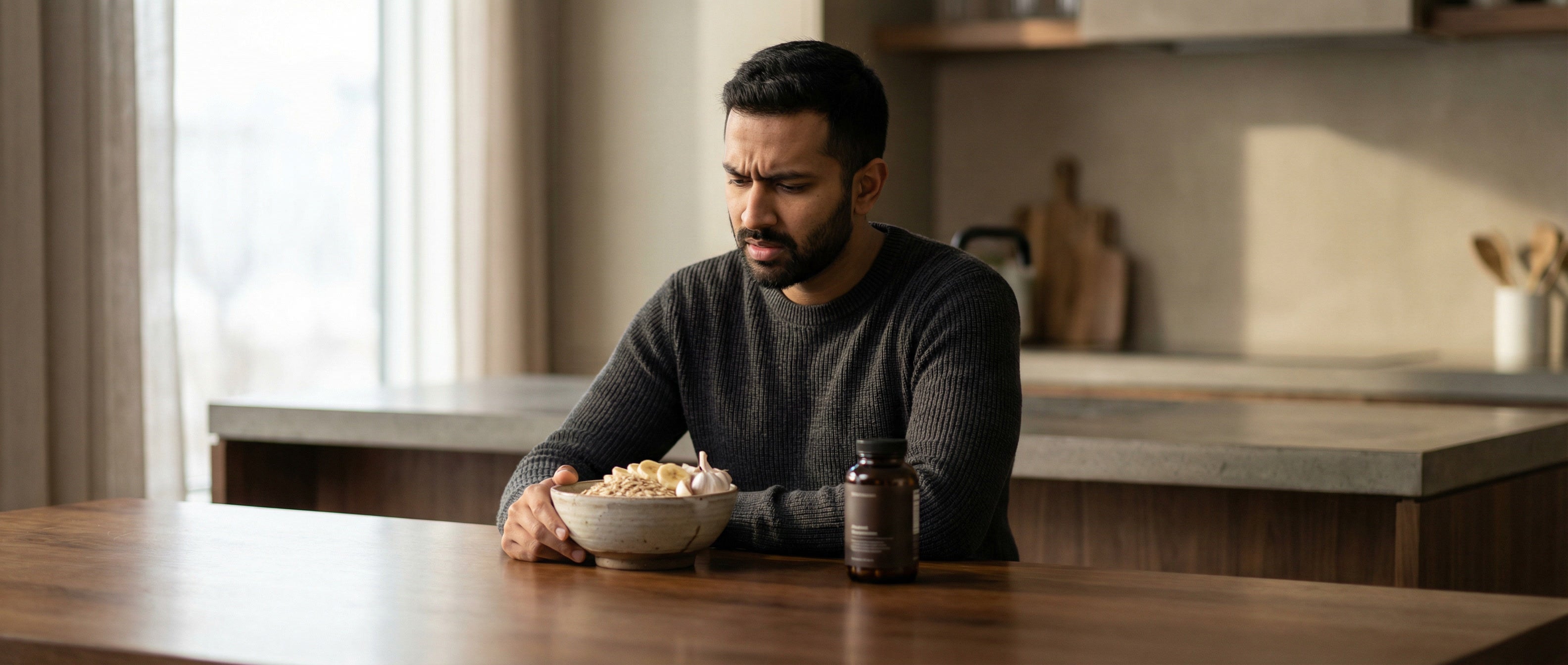 An Indian man looking confused while choosing between a bowl of prebiotic fibre and a premium targeted gut supplement.