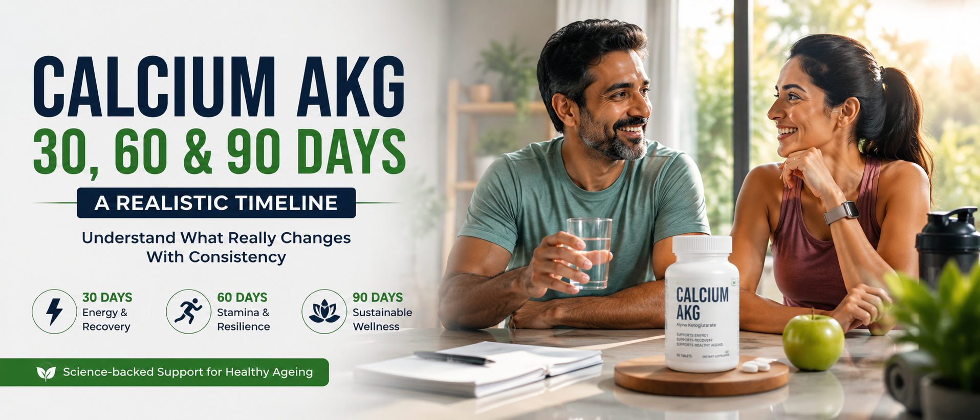 Healthy middle-aged adult reviewing a Calcium AKG supplement alongside a 30-, 60-, and 90-day wellness timeline.