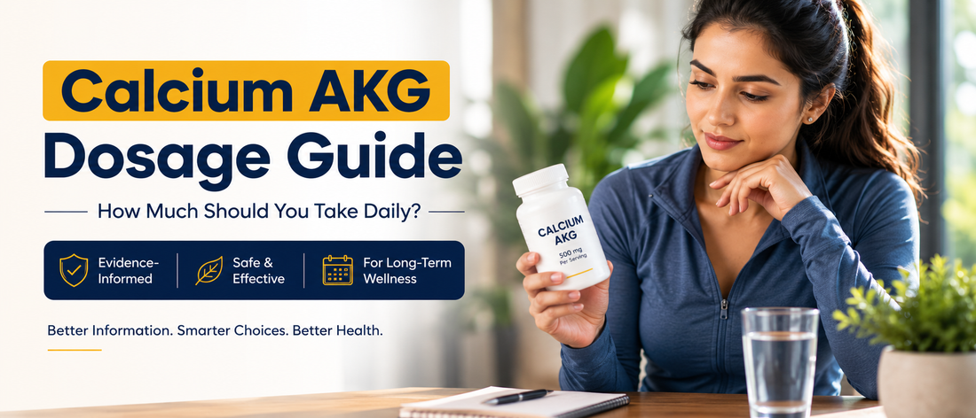Healthy middle-aged adult holding a Calcium AKG supplement bottle while reviewing the recommended daily dosage.
