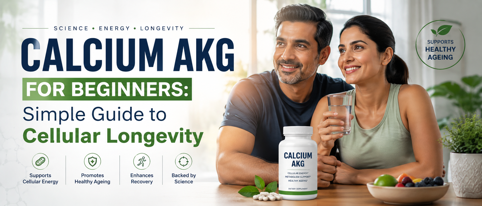 Healthy middle-aged adult learning about Calcium AKG for cellular longevity and healthy ageing.