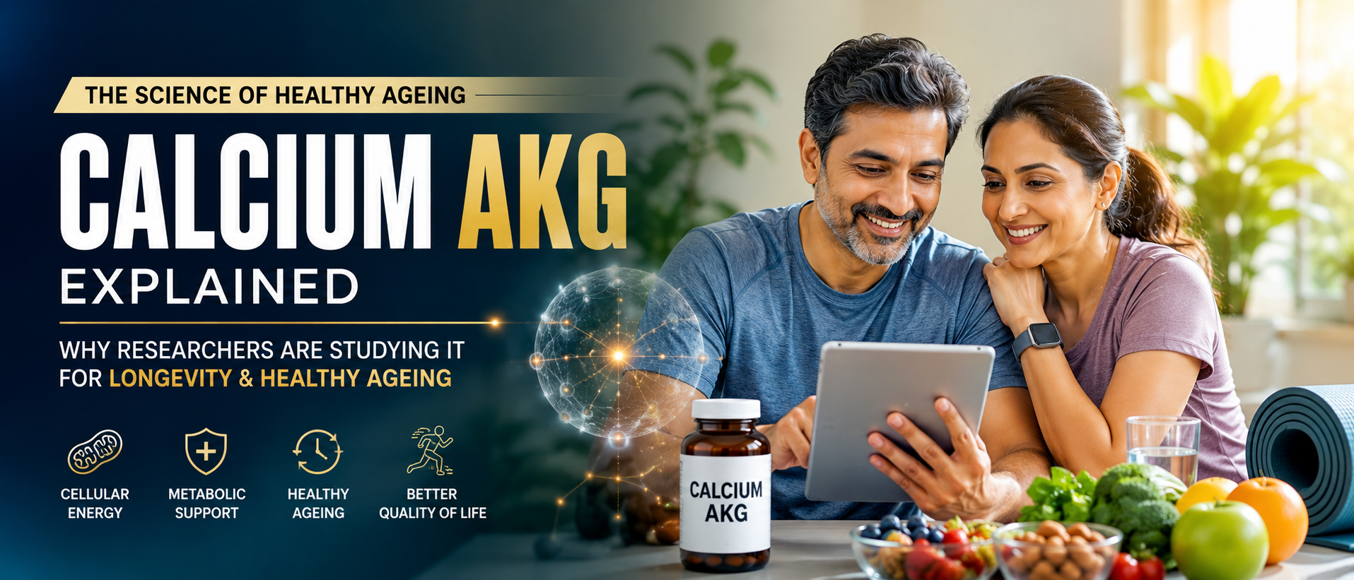 Healthy middle-aged Indian adult exploring Calcium AKG as part of a longevity-focused lifestyle.