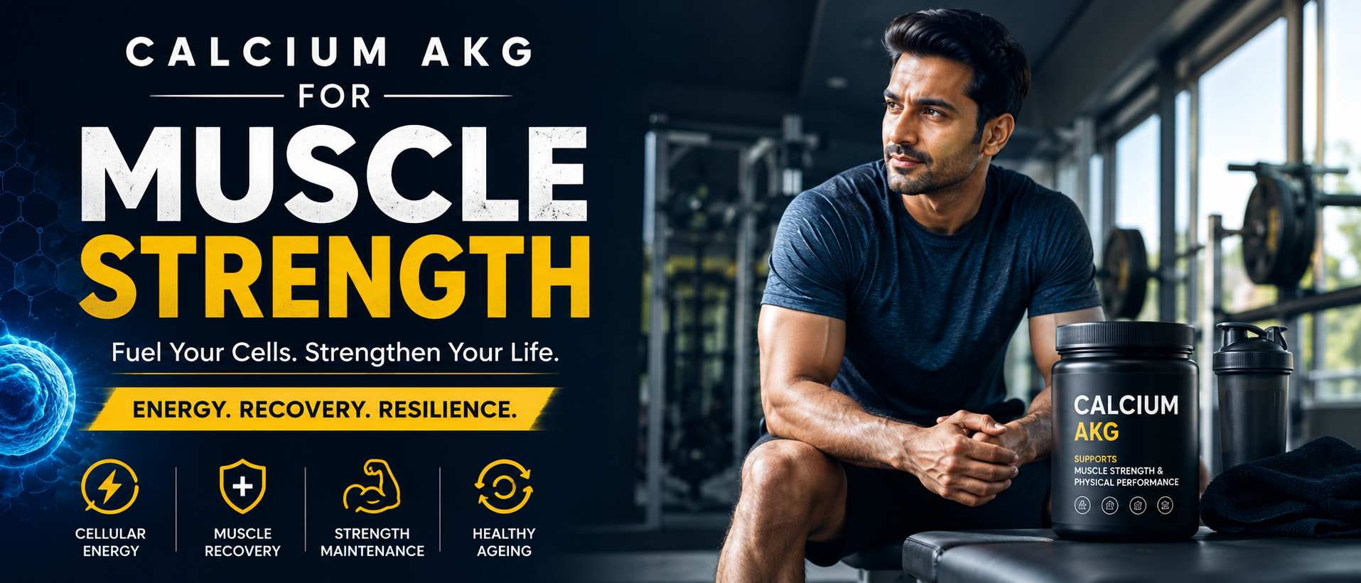Healthy middle-aged adult using Calcium AKG supplement before strength training to support muscle health.