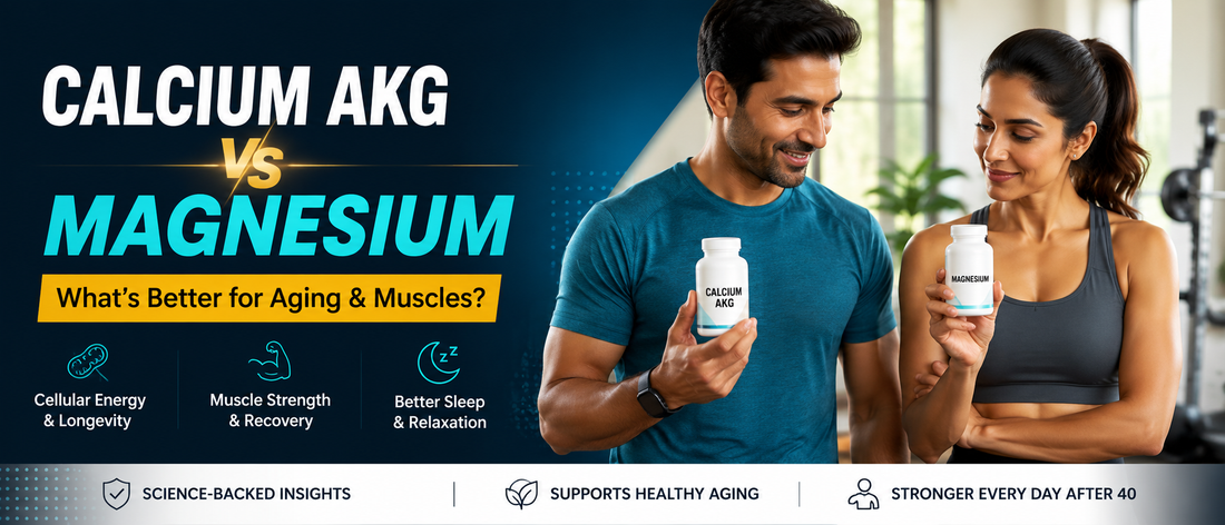 Middle-aged adults comparing Calcium AKG and Magnesium supplements for healthy aging and muscle recovery.