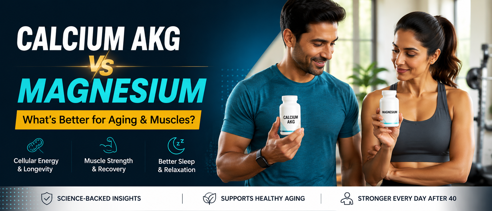 Middle-aged adults comparing Calcium AKG and Magnesium supplements for healthy aging and muscle recovery.