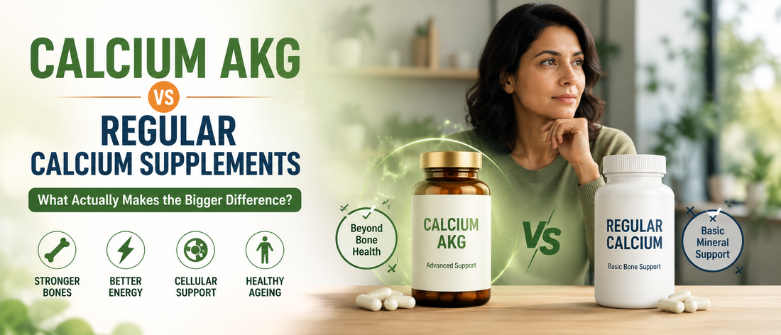 Calcium AKG and regular calcium supplements placed side by side with a healthy middle-aged adult making an informed choice.