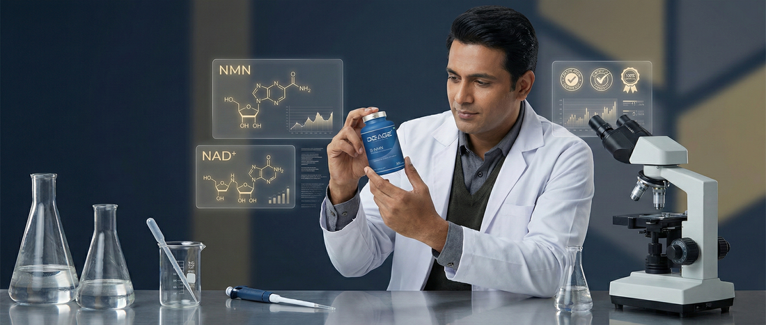 Photorealistic laboratory scene showing a high-quality NMN supplement with scientific testing elements and research-focused longevity visuals