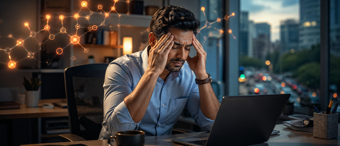Exhausted Indian professional working late at a desk, experiencing a mid-day energy crash due to declining cellular energy.