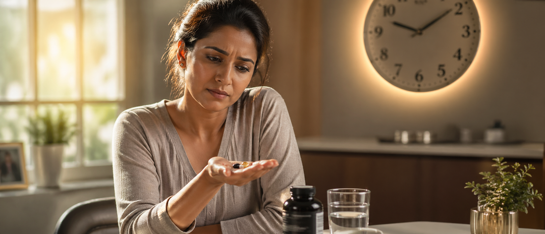 Modern Indian woman looking thoughtfully at health supplements in her hand, wondering about the best time to take them.