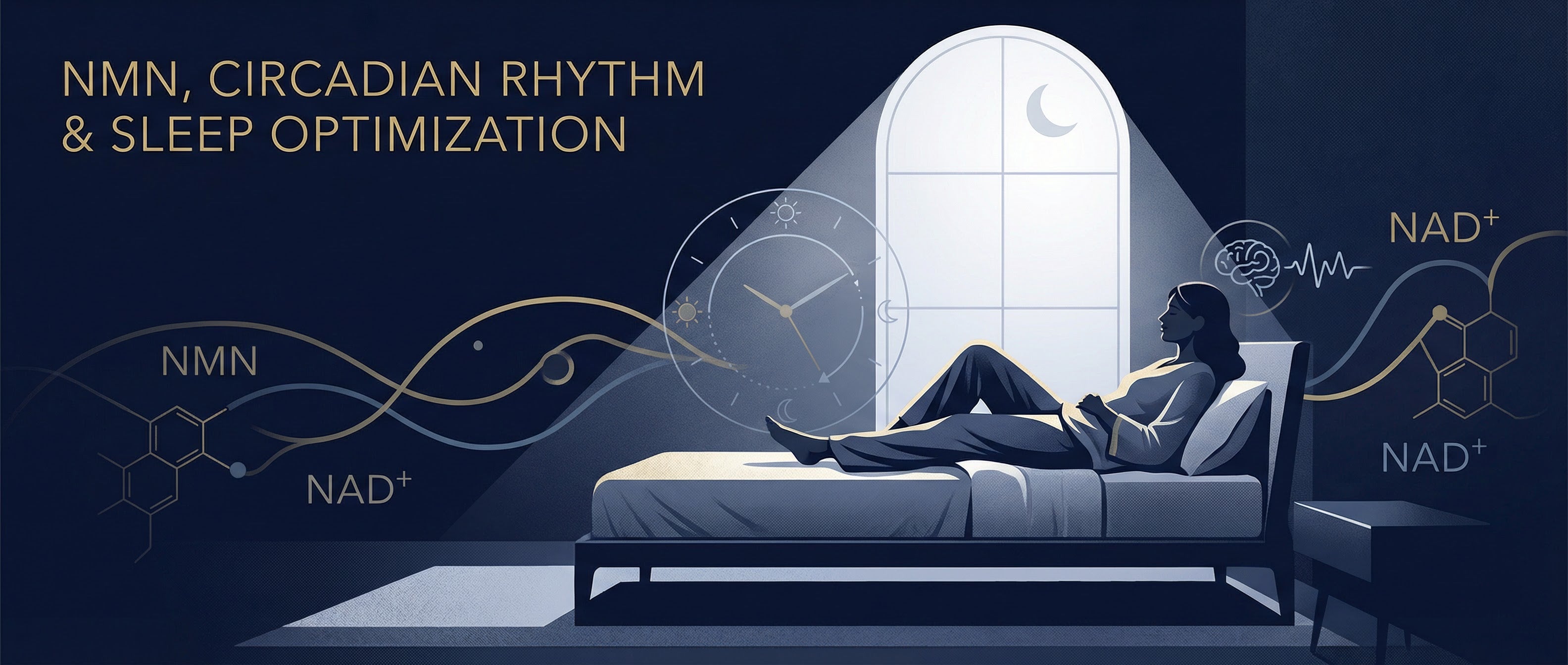 Illustration showing how NMN supports circadian rhythm and influences sleep quality through cellular energy balance