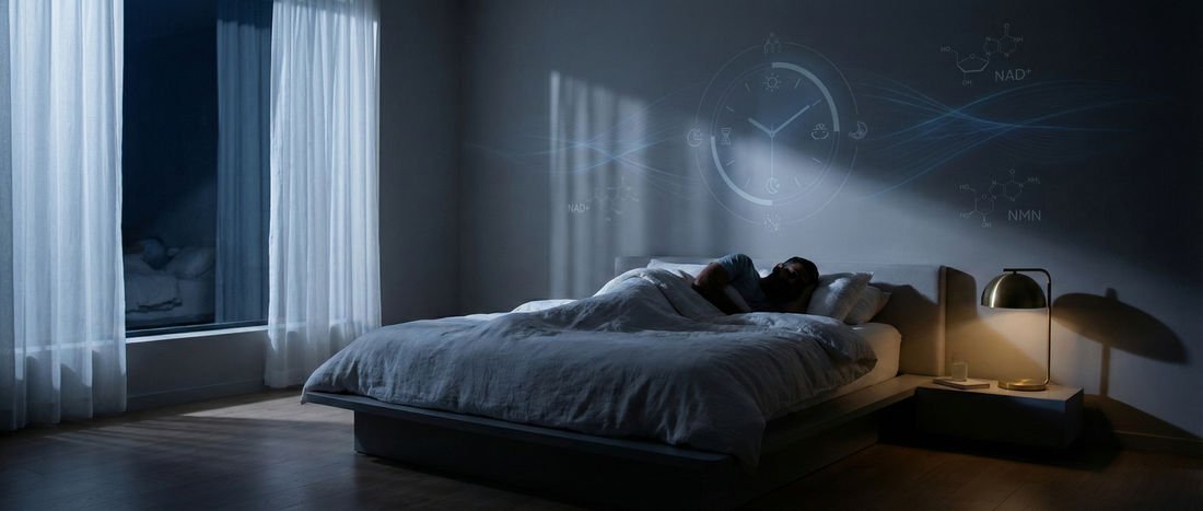 Realistic nighttime scene showing the relationship between NMN, circadian rhythm, and sleep quality