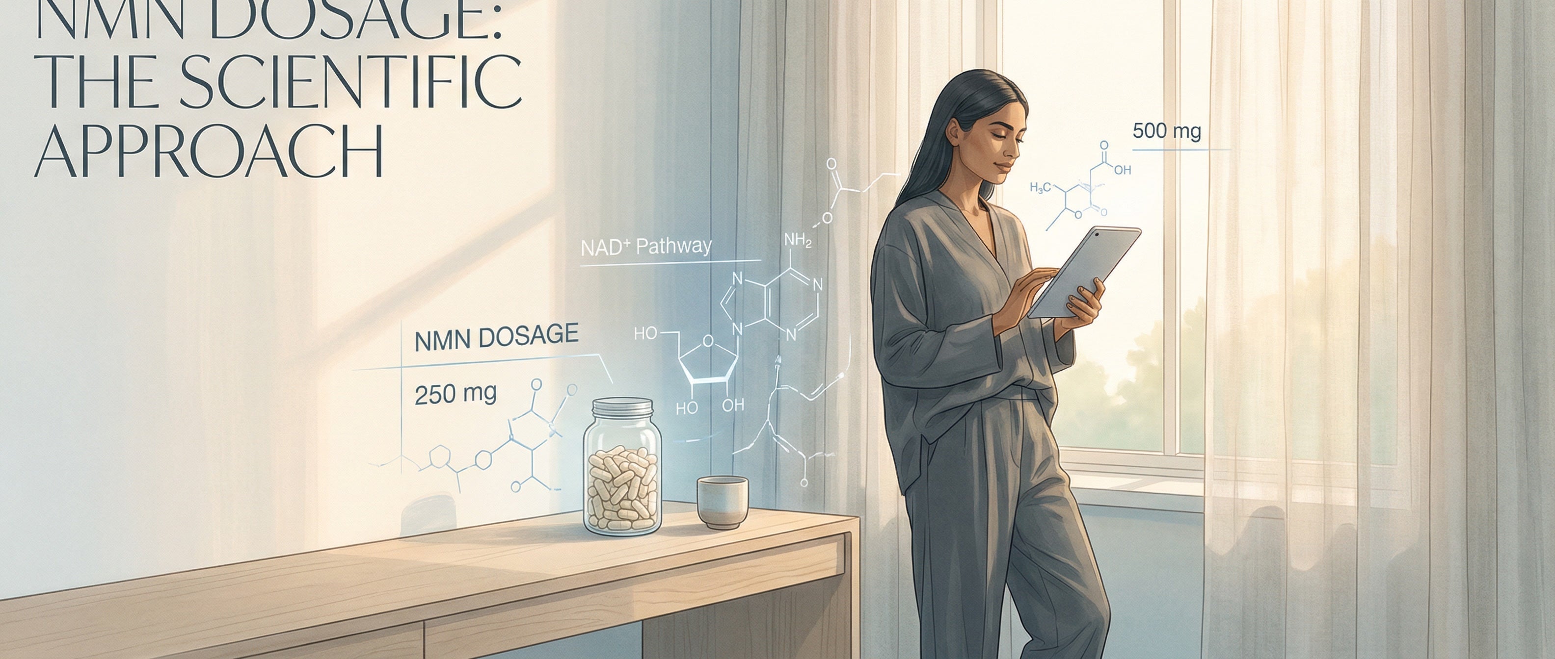 NMN dosage guide showing recommended daily intake for adults to support NAD⁺ levels and cellular health