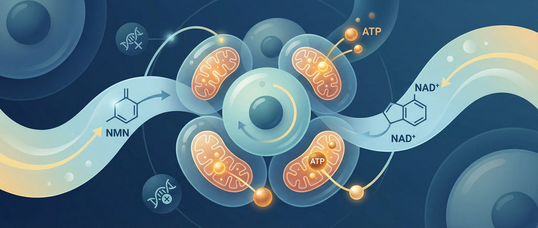 Illustration showing how NMN supports NAD+ production to enhance cellular energy, mitochondrial function, and ageing-related cellular repair processes.