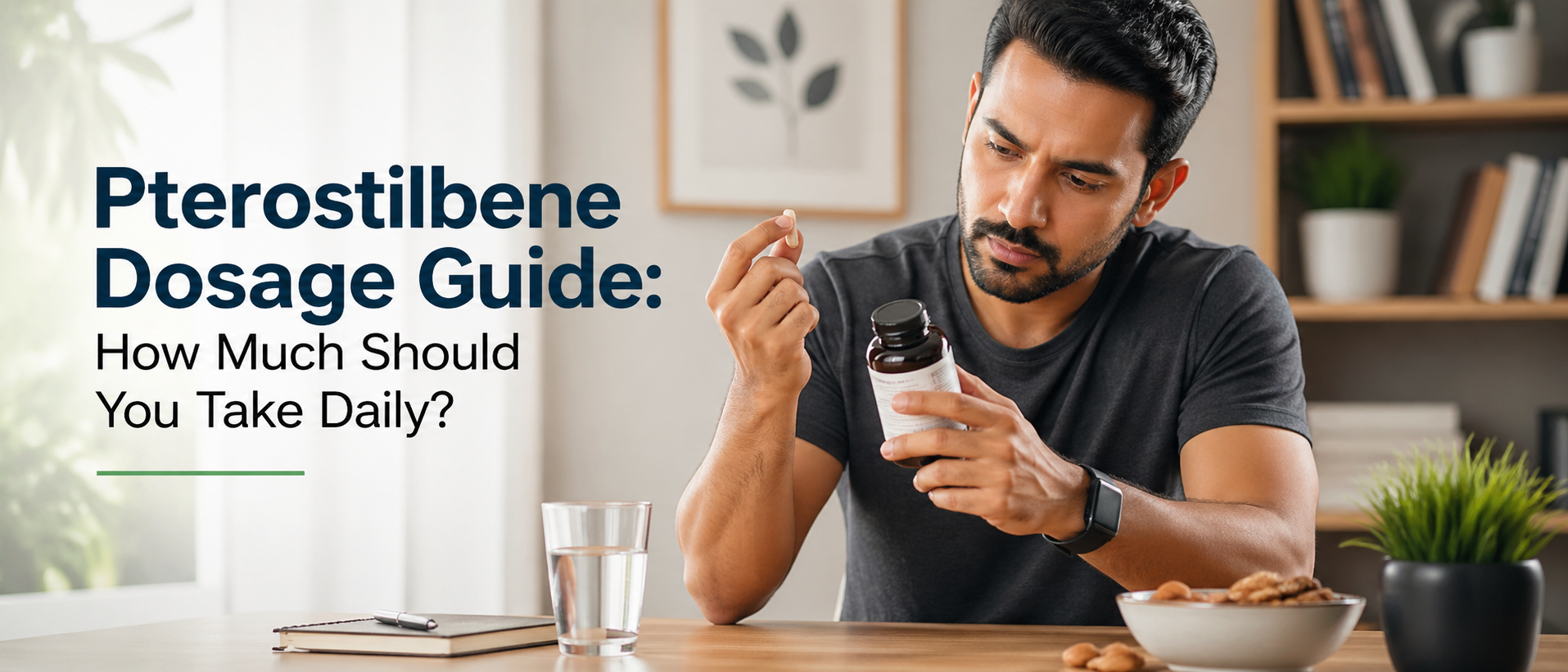 Indian adult holding supplement capsule and reading dosage label for pterostilbene