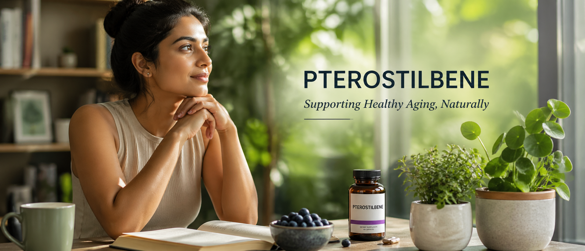 Indian adult focusing on healthy aging and wellness with pterostilbene supplement concept