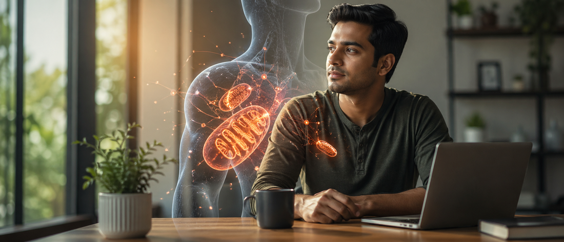 Urolithin A mitochondria booster concept showing cellular energy and Indian adult lifestyle