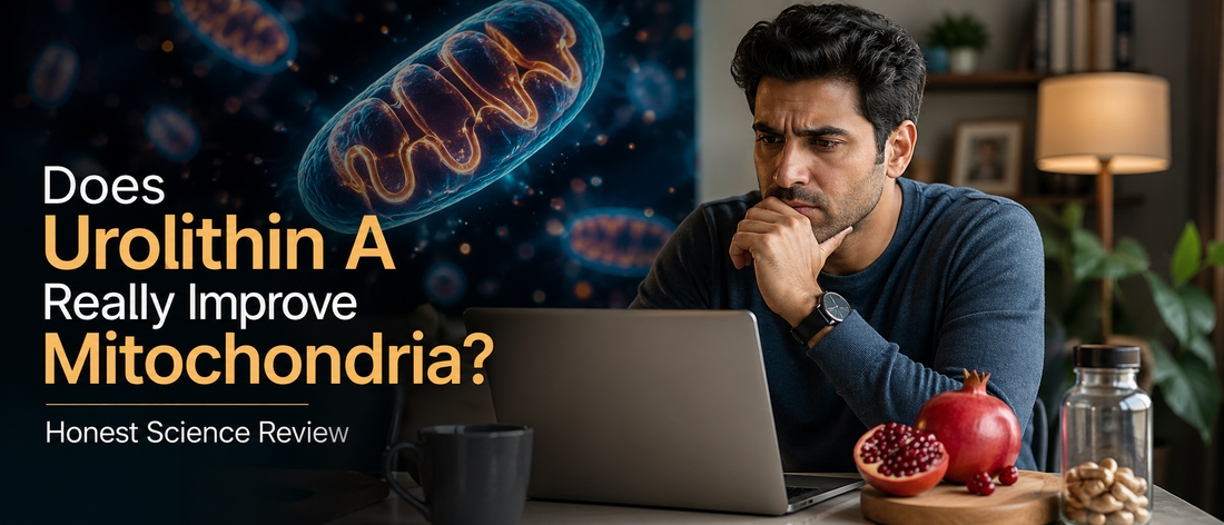 Indian man researching mitochondrial health and Urolithin A benefits on laptop at home