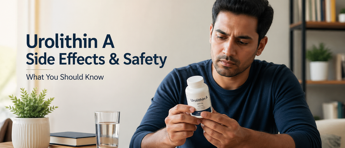 Indian man checking supplement label for urolithin a safety and side effects